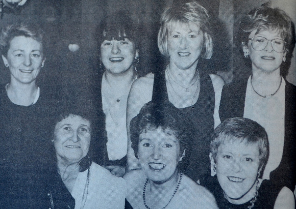 La Touche Hotel's staff dinner with Eilo Vickers, Mary Gammell, Majella Waters, Marion Byrne, Josie Flynn, Caroline Keogh & Teresa Kirwan Feb 1994. Bray People 1994 #1