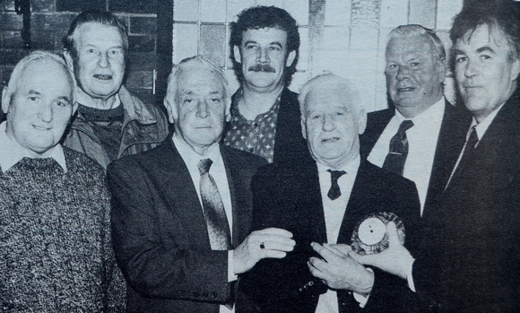 Irish Rail vet Patrick 'Whacker' Byrne retires, with Tommy Farrell, Sean Coughlan, Patsy Vickers, Mick Smullen, Jim McCusker & Christy Byrne 1994 Bray People July To December
