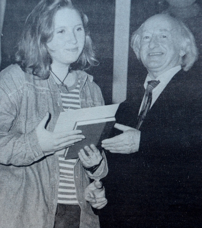 Kilcoole's Ruth Morrisey with Arts Minister Michael D Higgins 1994 Bray People July to December
