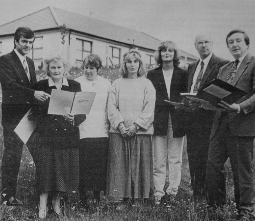 Delgany School campaigners Sarah Watson, Liz Evans, Liz Wilson, Dawn Richardson, Niall Pritchard, Peter Harrison & Arthur Collier 1995 Bray People