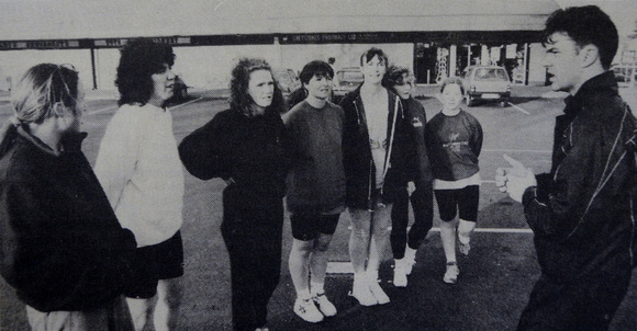 Greystones Lady Joggers get ready in Quinnsworth car park 1995 Bray People