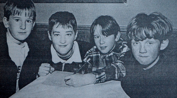 CBS kids Conor Malone, Andrew Jones, Cian Caffrey & Darren Kinsella fill out their emigration papers 1997 Bray People