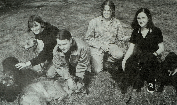 Dog show organiser Caoimhe Howley (right) and buddies Karen Diamond, Lesley Ann Devereux & Ciaran Casey 1997 Bray People