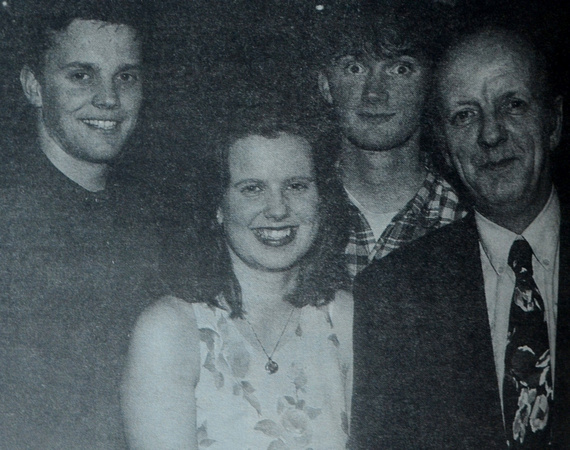 Rebecca Loftus celebrates her 21st with dad Denis and friends Martin Geary & Eoghan O'Sullivan 1997 Bray People