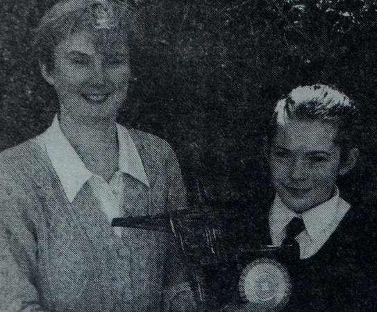 St Brigid's Sister Kathleen present top pupil Caibriona Fox with the Brid Freeney Memorial Trophy 1997 Bray People