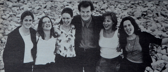 Aonghus gives festival queens Johanna McFall, Caroline McGuinness, Fiona Redmond, Lisa Muldowney & Roisin McDonnell a hug 1997 Bray People