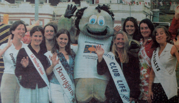 Festival mascot Testy Kells with 1997's Queens 1997 Bray People