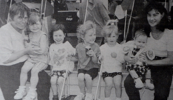 Susan Devlin & Louise Brierton with kids Danielle Devlin, Hayley Thomas, Lyndsey O'Neill, Amy Brierton & Chloe Hind at Top's opening 1997 Bray People