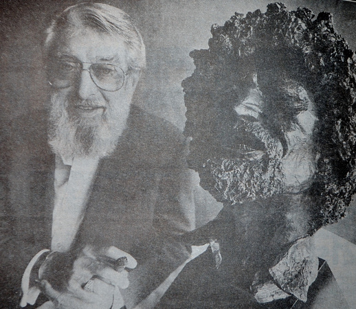 Ronnie with a bronze bust of Luke Kelly at Rose Rathdonnell's exhibition in Cooper's 1997 Bray People