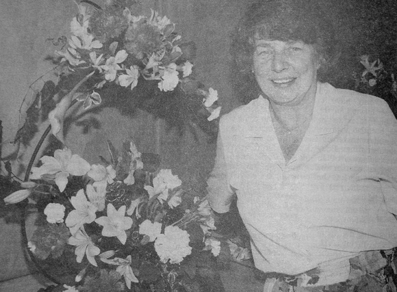 Newcastle's Margaret McVitty and her prizewinning fancy-pants flower arrangement 1997 Bray People