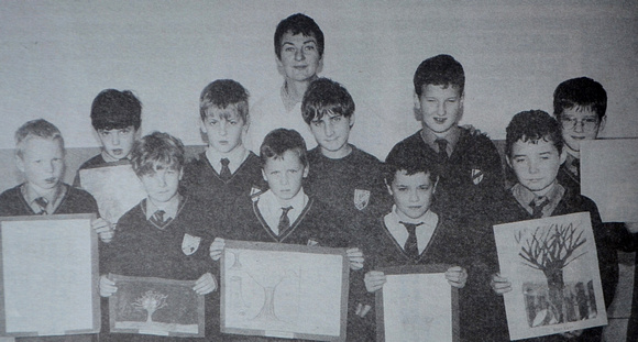St Kevin's Art Competition winners Cian Coburn, Harry Burton, Colm O'Murchu, Matthew Jones, Rory Egan, Geoffrey Forde, Dylan Lennons, Eoin O'Connor, Michael & Ciaran Chestnutt and teacher Mary Cotter
