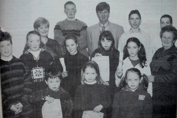 Credit Union poster competition winners with chairman John Bradshaw, treasurer Mary Kelly & director Beatrice Gunning 1997 Bray People