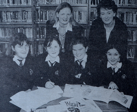 St David's debating team Helen Byrne, Fionnuala O'Donovan, Eimear Kavanagh & Johanna Murray with teachers Ms Bolger & Ms Brosnan 1998 Bray People
