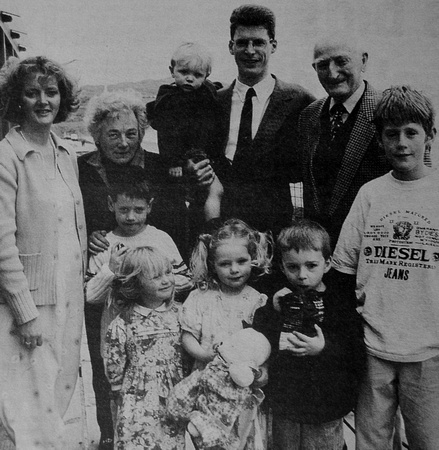Frank O'Rourke, Commodore of Greystones Sailing Club, with wife Mairead & children Kevin & Sarah, grandfather Frank O'Dowd, and friends Ryan Usher, Molly & Daniel O'Leary & Monica Gilshinan 1998 Bray