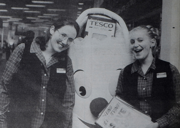 Nicola Reville, Annamarie Boyse (in costume) and Sophie Black at Tesco's relaunch 1998 Bray People