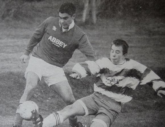 Greystones Ian Sherwin gets away from Wicklow Rovers' Darragh Graham 1999 Bray People