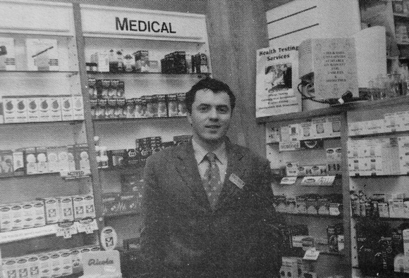 David Dodd at his newly-refurbished Newtownmountkennedy pharmacy 1999 Bray People