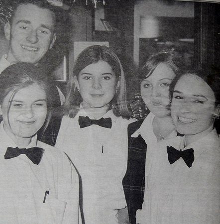 Jennifer Gaskin, Laura Keelshaw, Gemma Arnold, Sean Cahill and Michelle Connoly working La Touche Hotel's New Year's Eve Party 1998 Bray People