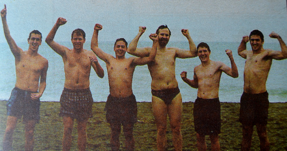Graham Egan, Stuart Norman, Darren Egan, Steve Barrington, Tim Storey & Shane Egan at the Christmas Day Swim 1998 Bray People