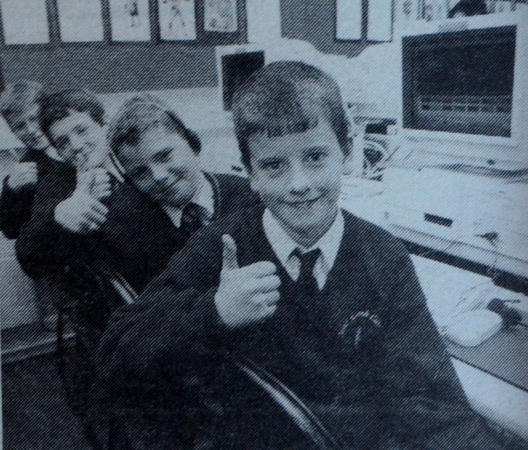 Ciaran Chestnutt, Niall Condren, John Browne & Darren Treanor approve of St Kevin's new computer room 1998 Bray People
