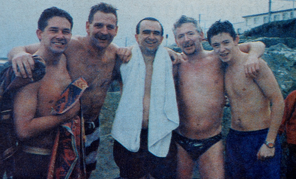 Christmas Day swimmers Pat O'Brien, Ted & Adam Williamson, David O'Brien & Collie Dunne 1999 Bray People