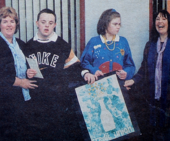 St Catherine's kids Claire Carroll & Neil Adamson get their Credit Union art prizes from Patty Kearney & Anne Merrigan 1999 Bray People