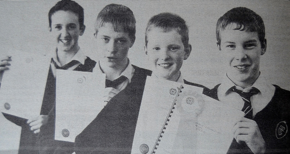 Greystones Young Scientist Exhibition winners James Ryan, Peter Henry, Cillian Duffy & Stephen Blaides 1999 Bray People