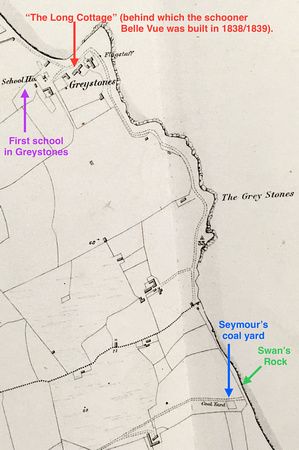 The Belle Vue Gary Paine 6AUG24 Photo No2 - Annotated section of 1838 Ordnance Survey map of Greystones showing The Long Cottage